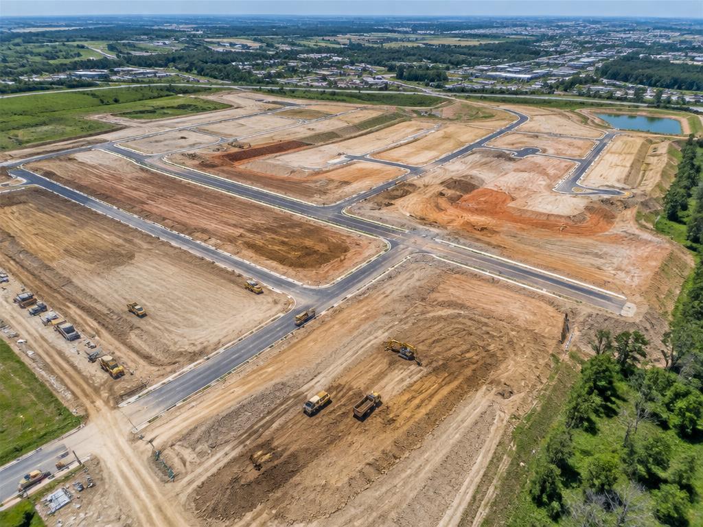 Vue aérienne d'un chantier d'aménagement du territoire avec voiries en construction