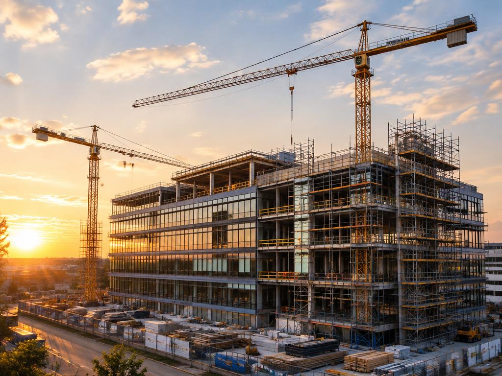Chantier de construction d'un bâtiment moderne avec grues au coucher du soleil