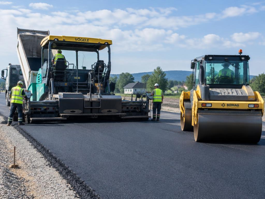 Chantier de construction routière avec engins d'asphaltage