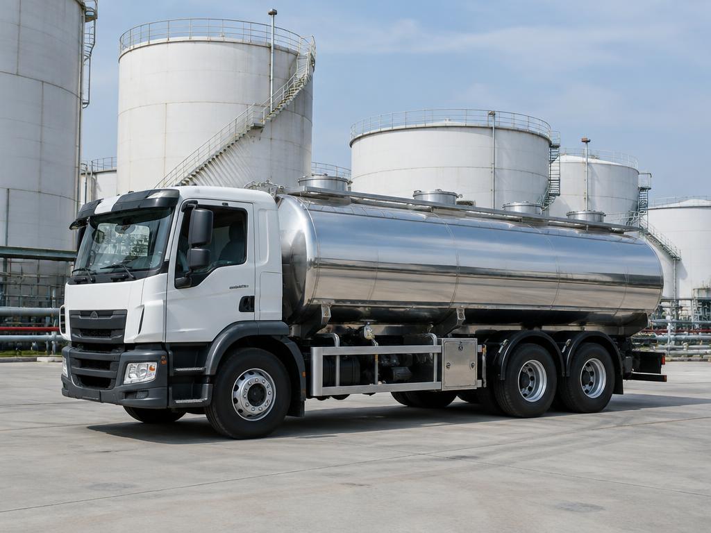Camion citerne inox devant des réservoirs industriels