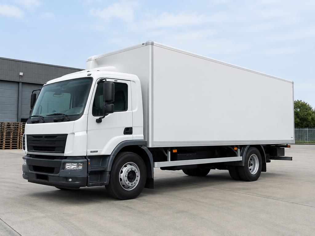 Camion porteur fourgon dans une cour logistique