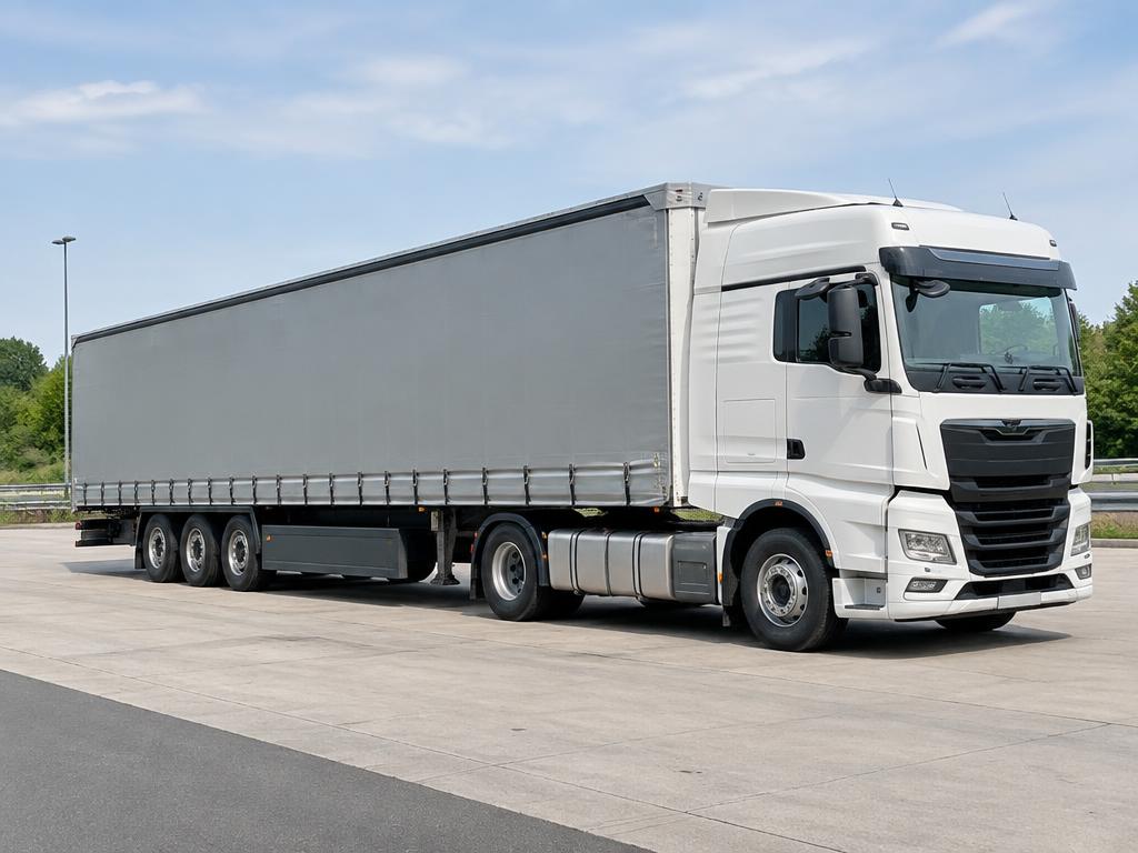 Tracteur routier avec semi-remorque bâchée sur une aire