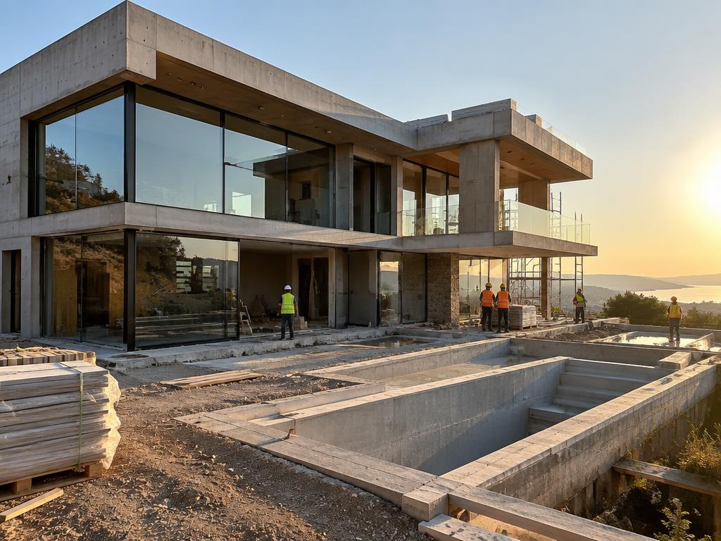 Villa moderne en cours de construction avec vue sur la mer